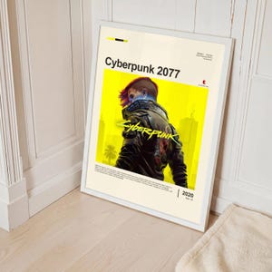 Cyberpunk 2077 poster framed in white on mint green wall