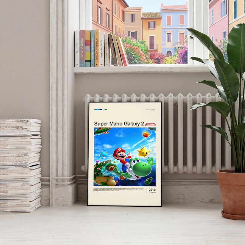 Super Mario Galaxy 2 poster framed in black on italian radiator