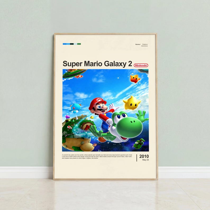 Super Mario Galaxy 2 poster framed in oak on mint green wall