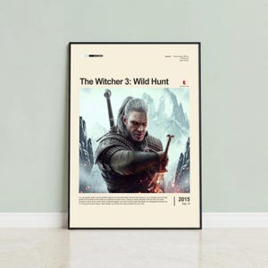 The Witcher 3: Wild Hunt poster framed in oak on mint green wall