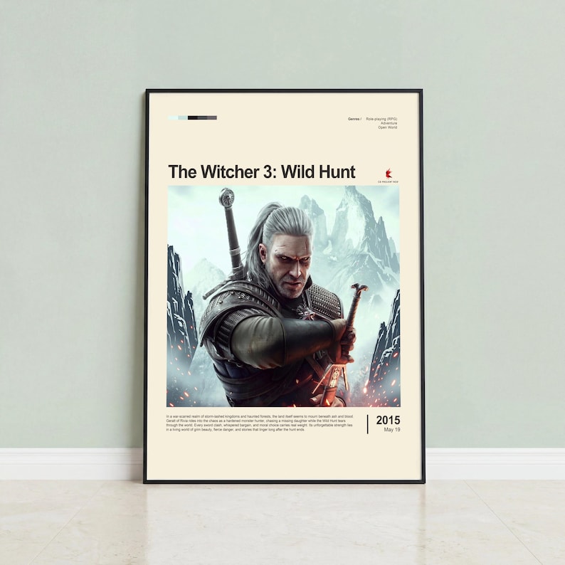 The Witcher 3: Wild Hunt poster framed in oak on mint green wall