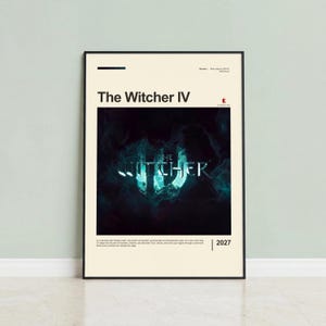 The Witcher IV poster framed in black on mint green wall