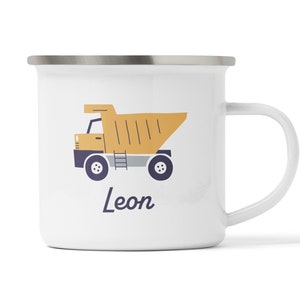 Personalisierte Kindertasse mit Baustellen Motiv, Geschenkidee Geburstag Ostern aus Emaille, Keramik oder Melamin Kunststoff in groß + klein