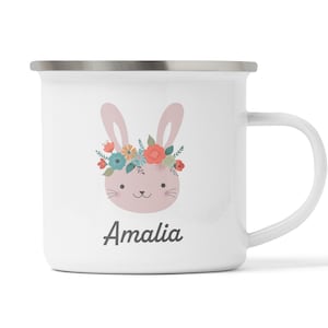 Personalisierte Hasen Kindertasse, Emaille, Keramik, Kunststoff rosa Hasen Ostergeschenk Geschenkidee