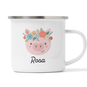 Personalisierte Tasse mit Schwein als Geschenkidee für großen und kleinen Schweinchen in Emaille, bruchsicherem Kunstoff oder Keramik Rosa