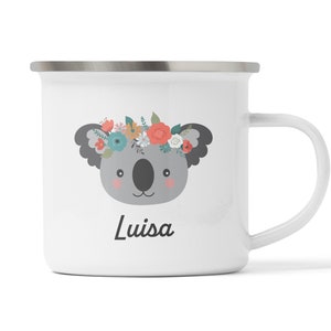 Personalisierte Koala Kindertasse, Tiermotiv Mädchen, Austeilen, Bär, Geschenk 4,5,6,7,8,9 Jahren, bruchsicher, Emaille, Luisa, Geburtstag