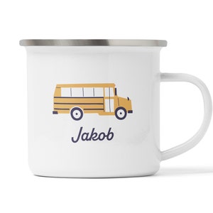 Personaliserte Kindertasse Bus, Busmotiv Bustasse, Geschenk Idee Geburstag, Ostern, Weihnachten, aus Emaille, Keramik, Melamin Kunststoff