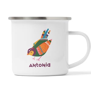 Personalized cup with bird motif, made of enamel, ceramic or melamine plastic, individually handmade, colorful blackbird in large and small