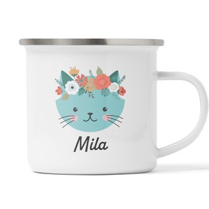 Personalisierte Katzentasse, Tasse mit Katzenmotiv und Blumen, Geschenk - Geschenkidee Emaille, Keramik oder Melamin Kunststoff