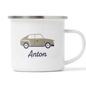 Personalisierte Tasse mit Auto, Automotiv Kindertasse, Geschenk Idee Geburstag, Ostern, Weihnachten aus Emaille, Keramik, Melamin Kunststoff
