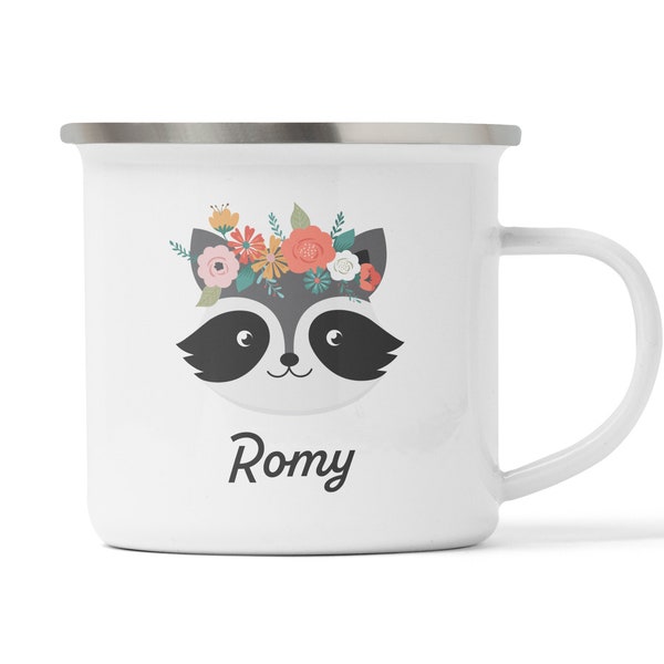 Waschbär-Tasse personalisiert, Wildtiere, Mädchen, Jungen, Geschenk 4,5,6,7,8 Jahren, bruchsicher, Emaille, Melina, Geburtstag, Blumenkranz