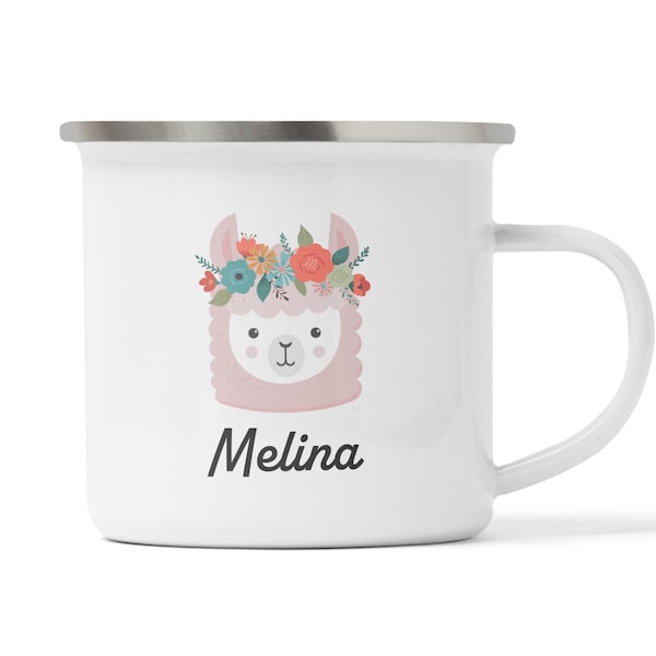 Personalisierte Lama Alpaka Tasse, rosa Geschenk zum Geburtstag, Ostern, Weihnachten aus Emaille, Keramik oder Melamin Kunststoff