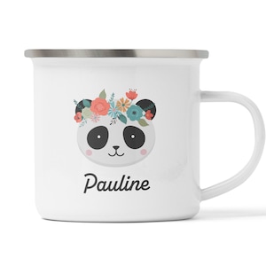 Personalisierte Kindertasse mit Pandamotiv, Pandabär, Geschenk Ostern, Geburstag, Weihnachten aus Emaille, Keramik oder Melamin Kunststoff