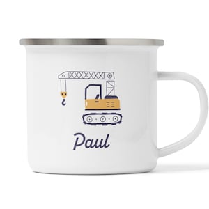 Kran Kindertasse mit Personalisierung, das Geburtstagsgeschenk, Geschenkidee 4,5,6,7,8 Jahre, Baustelle, Bagger, Bauarbeiter, Paul Blau
