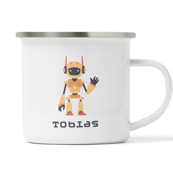 Personalisierte Robotertasse, Kindertasse Becher, perfektes Geschenk für Kinder zum Geburtstag, Emaille, Keramik oder Melamin