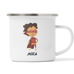 Kindertasse personalisiert mit Superheld, Emaille Melamin bruchsicher, Geschenk Geburtstag, Kindergeburtstag, Geschenkidee Tasse Mika