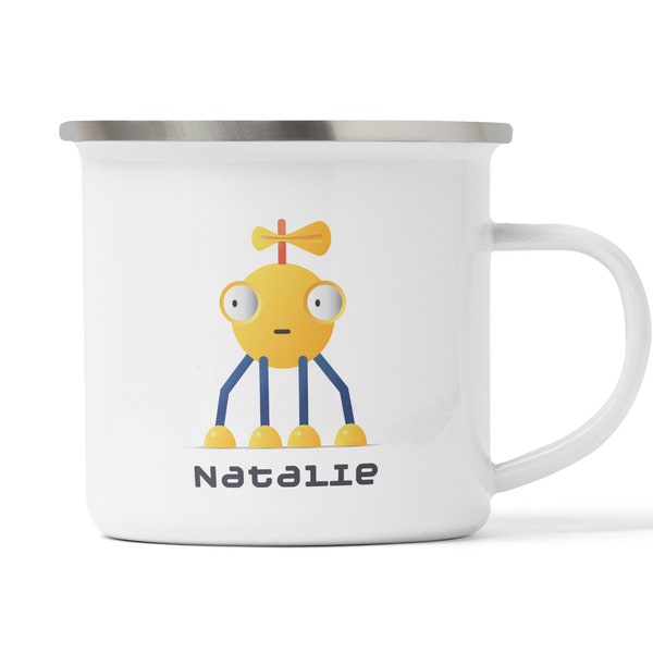 Personalisierte Tasse mit gelbem Roboter, Emaille und Melanin bruchsicher, Geschenk zum Geburtstag, Kindergeburtstag, Dekoration Kindertasse