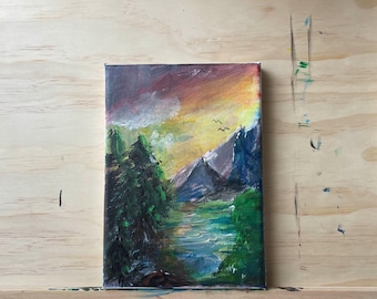 Sunset Mountains colorful Acrylic Nature sunset painting by Colorlark