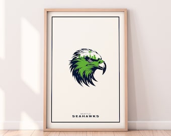 Puede incluir: Una impresión enmarcada de un águila verde y azul con una silueta de ciudad dentro de su cabeza. El texto "Seattle Seahawks" está impreso debajo del águila.