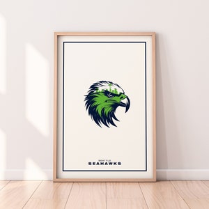Minimalistische Sehnsucht dergeschworenen Seahawks, Moderne Wandkunst,Seattle Skyline, NFL Design, Mid-Century Kunst