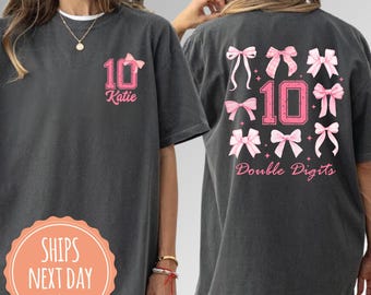 Comfort Colors® Double Digits Girls Birthday Era T-shirt: Custom Name Shirt, Kid Coquette Bow Tee, 10th Birthday Gifts For Her
