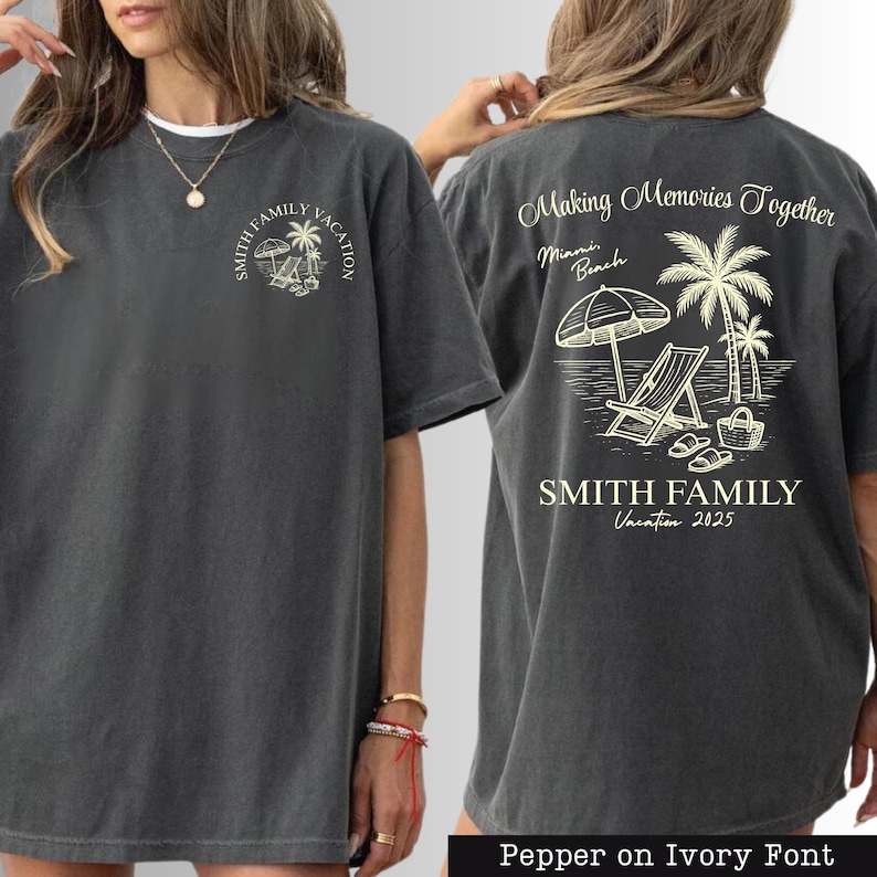 a gray t-shirt with a graphic design on the back, depicting a beach scene with a palm tree, beach chair, and umbrella. The design includes text that reads "Making Memories Together" and "Smith Family Vacation Miami Beach".