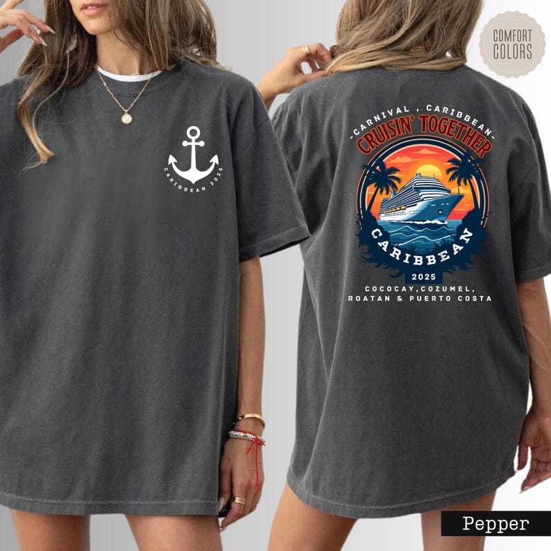 a woman wearing a gray shirt with an anchor on it