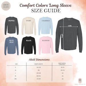 The image is a size guide for long sleeves, featuring different color options and corresponding measurements for adult dimensions.
