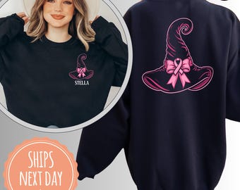 Custom Breast Cancer Awareness Witch Hat Sweatshirt: Pink Ribbon Halloween Crewneck, October Awareness Bow Hoodie