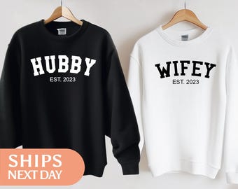Wifey Hubby Sweatshirt - Custom Couple Hoodie - Honeymoon Sweater - Personalized Wedding Gift For Couple - Customized Engagement Gift -99605