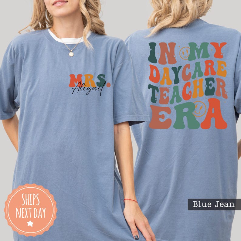 a woman wearing a blue tshirt that says i'm my day care