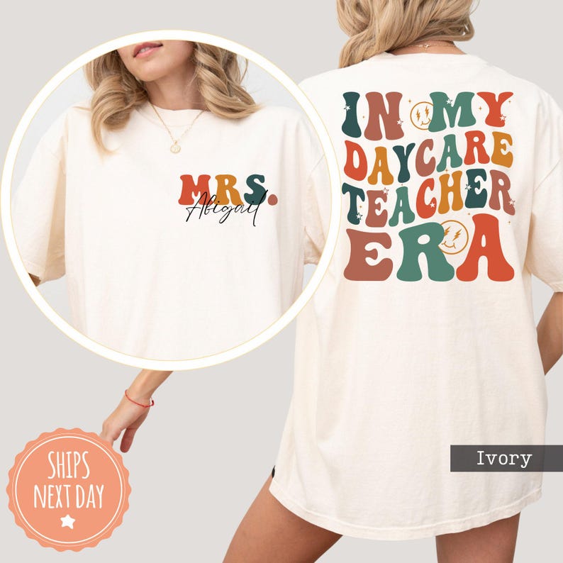 a woman wearing a white tshirt that says i'm my day care