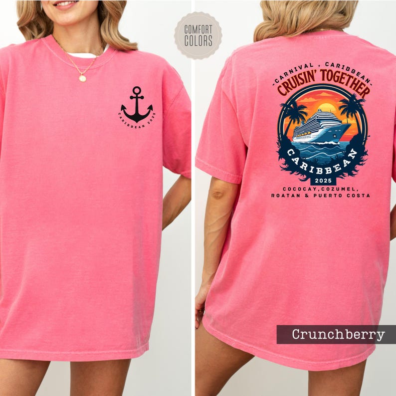 a woman wearing a pink shirt with an anchor on it