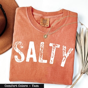 a red t-shirt with the word "SALTY" printed on it, along with a brown hat and a plant.