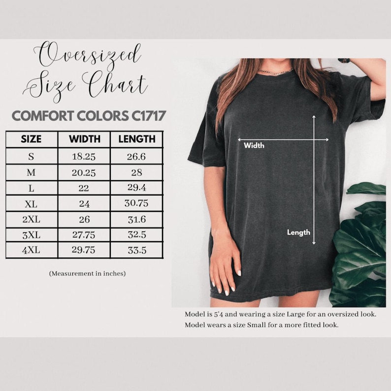 The image is an oversized size chart for a black t-shirt, showing the measurements for different sizes.