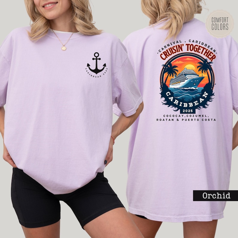 a woman wearing a purple shirt with an anchor on it