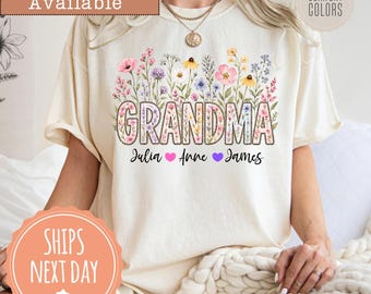 Comfort Colors® Personalized Grandma T-shirt: Floral Grandma Shirt, Custom Grandma and Kids' Names Tee, Mothers Day Gift