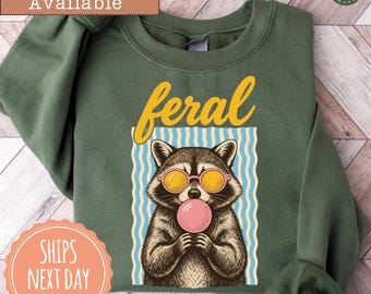 Retro Feral Raccoon Sweatshirt: Trendy Summer Crewneck, Girls Raccoon Graphic Hoodie, Raccoon Lover Gift