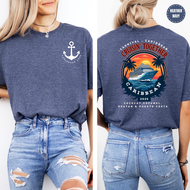 a woman wearing a blue shirt with an anchor on it