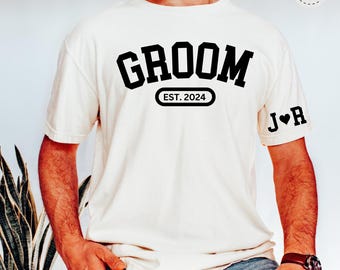 Custom Groom Shirt with Initial on Sleeve - Engagement Tshirt - Bridal Shower Gift - Bachelor Party Tees - Personalized Gift For Groom