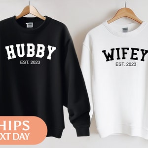 Wifey Hubby Sweatshirt - Custom Couple Hoodie - Honeymoon Sweater - Personalized Wedding Gift For Couple - Customized Engagement Gift -99605