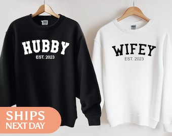 Wifey Hubby Sweatshirt - Custom Couple Hoodie - Honeymoon Sweater - Personalized Wedding Gift For Couple - Customized Engagement Gift -99605