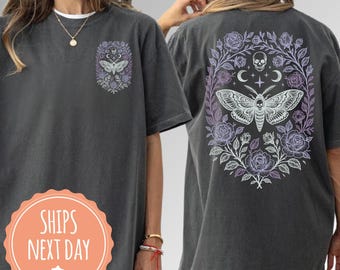 Comfort Colors® Gothic Floral Skull Shirt - Celestial Moth Tshirt - Butterfly Graphic Goth Tees - Pocket & Back Design - Cottagecore Gifts