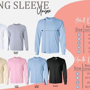 The image is a collage of various long-sleeve t-shirts in different colors and sizes, along with size and youth dimensions charts.