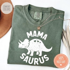 Mama Saurus Shirt - Mom Dinosaur Tshirt - Triceratops Comfort Colors Tee - Kids Birthday Dinosaur Outfit - Pregnancy Announcement Gift