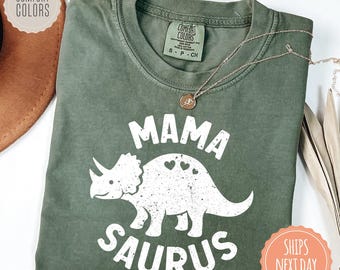 Mama Saurus Shirt - Mom Dinosaur Tshirt - Triceratops Comfort Colors Tee - Kids Birthday Dinosaur Outfit - Pregnancy Announcement Gift