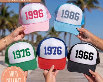 Custom Birth Year Trucker Hat: 30th 40th 50th Party Caps, Vintage Birthday Crew Hats, Personalized Birthday Squad Cap