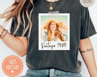 Custom Polaroid Comfort Colors Shirt - Retro 90s Tshirt - Personalized Vintage Photo Tee with Customized Text - Custom Year - Nostalgia Gift