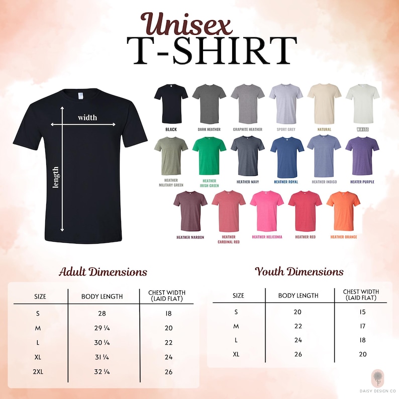 The image is a collage of various t-shirt designs, including different colors and styles, along with their corresponding adult and youth dimensions.