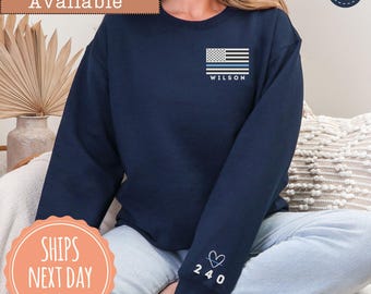 Custom Police Sweatshirt - Personalized Badge Number on Sleeve - Thin Blue Line Hoodie - Police Wife - Police Girlfriend - Police Mom Gifts